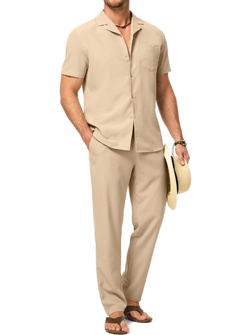 Men Texture 2 Piece Outfit Short Sleeve Lightweight Beach Button Down Shirt Casu